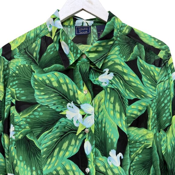 Laura Scott Tropical Leaf Blouse Size 18 Long Sleeve Chiffon Womens Top Green - Picture 2 of 9